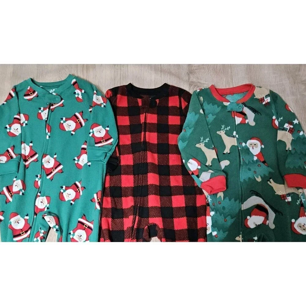Lot Of 3 Fleece Footed Pajamas Pjs Boys Size 18 Months &  2t Christmas Santa